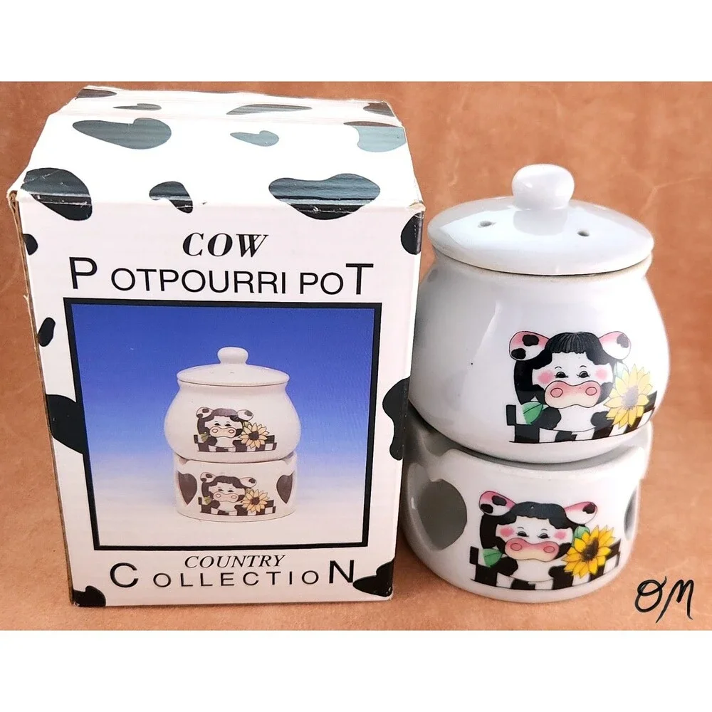 Vtg Cow Potpourri Pot Ceramic Wax Melt Tealight Warmer Sunflower 3Pc Box